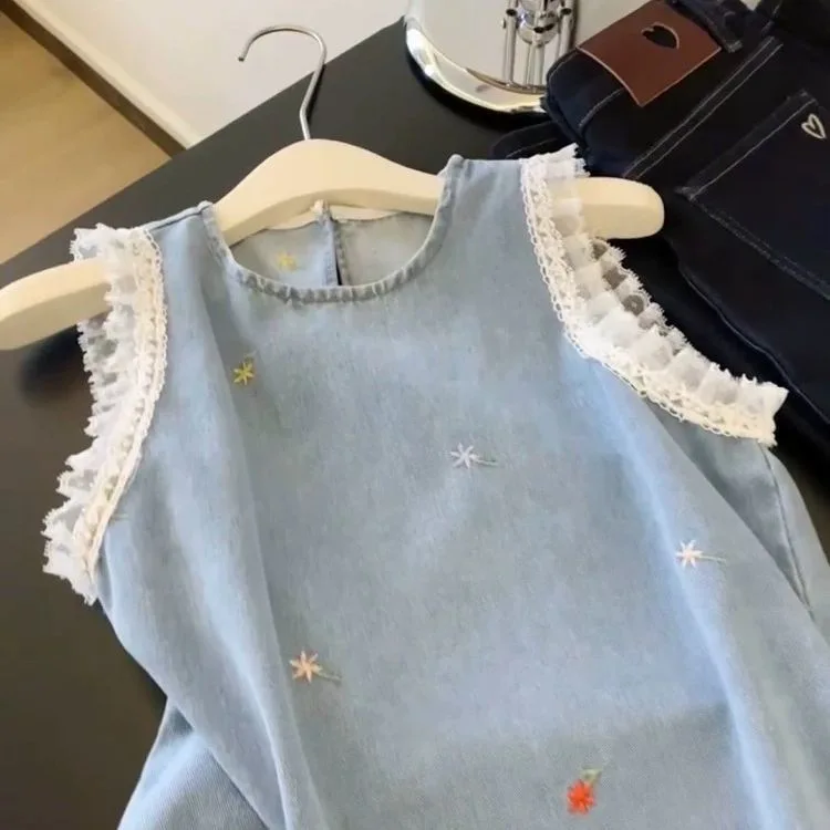 Girls' Summer Dress Baby Foreign Style Children's Personality Trendy Korean Lace Lace Princess Denim Vest Skirt