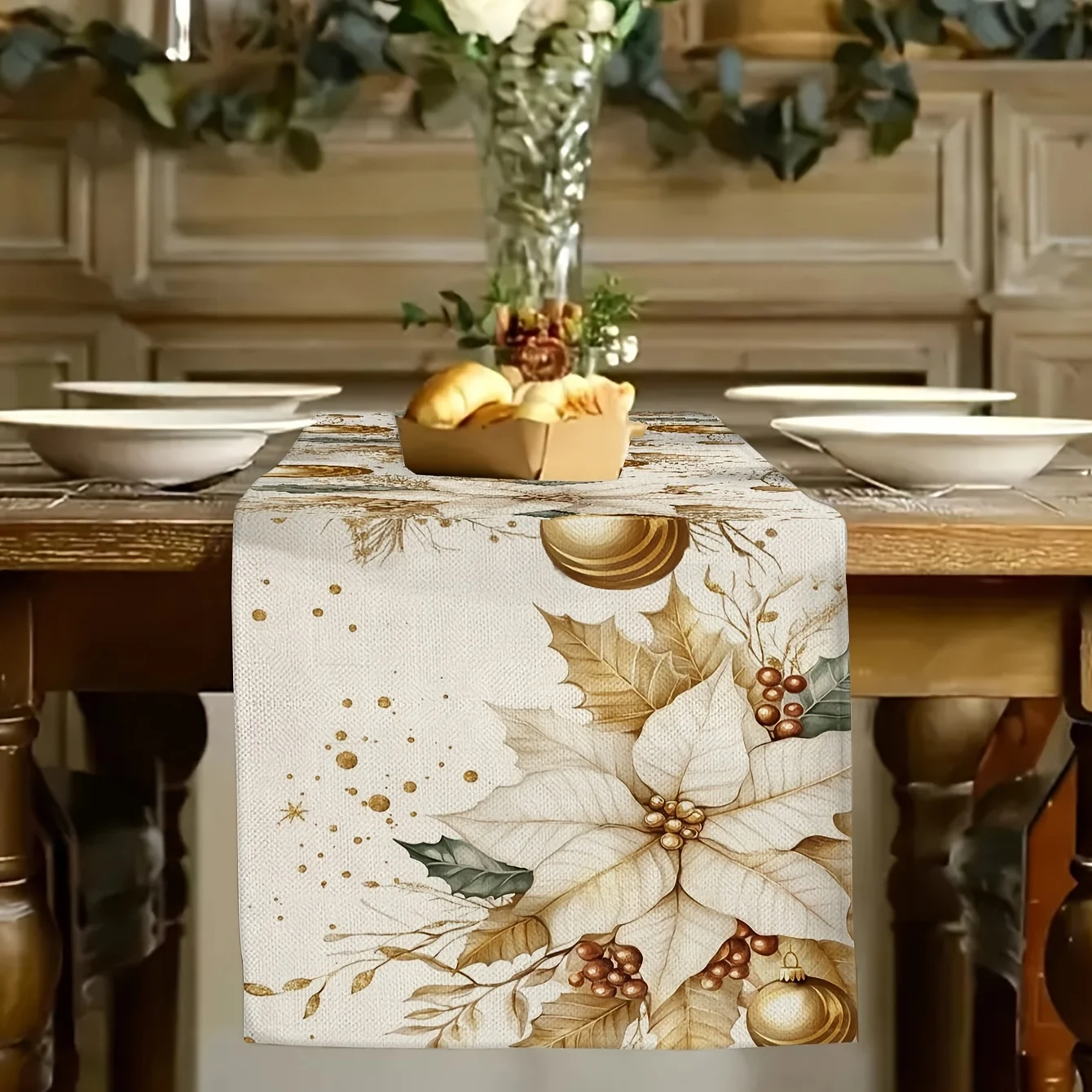 1 Stück Weihnachts-Tischläufer aus Leinen mit getrimmtem Muster, festliche Tischdecke für Party, Neujahr, Geschenk, Urlaub, Esstischdekoration