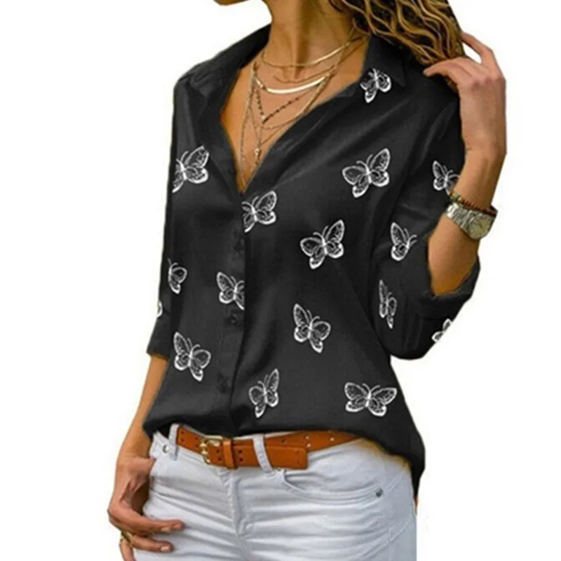 7 Solid Color Butterfly Print Blouse Women\'s V-Neck Button Long Sleeved Top Spring Autumn Casual T-Shirt