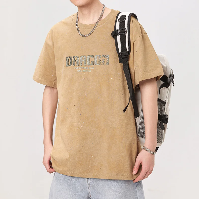 Trendy short sleeved T-shirt for men's summer 2024 new loose oversized casual versatile high street American hip-hop men's top