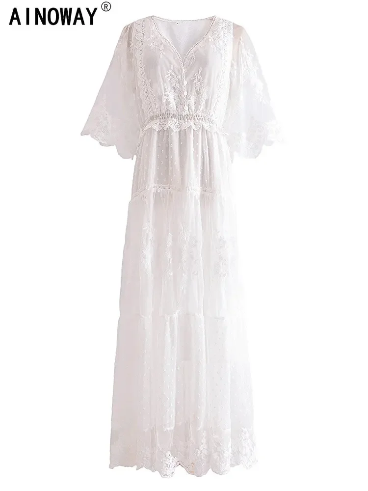 Vintage Chic Women White Lace Short Sleeve Beach Sexy Bohemian Maxi Dress Robe Lady V-neck Party Vintage Chic Women White Lace Short Sleeve Beach Sexy Bohemian Maxi Dress Robe Lady V-neck Party