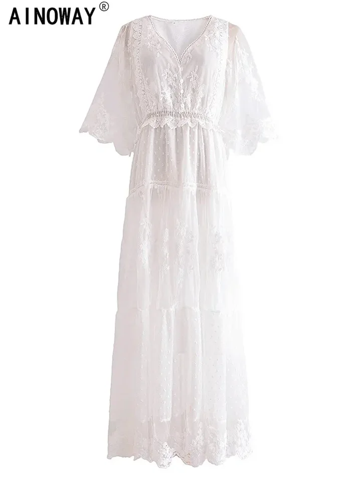 Vintage Chic Women White Lace Short Sleeve Beach Sexy Bohemian Maxi Dress Robe Lady V-neck Party Vintage Chic Women White Lace Short Sleeve Beach Sexy Bohemian Maxi Dress Robe Lady V-neck Party