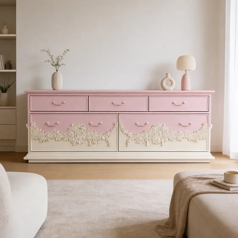 Solid Wood TV Cabinet Pink Rose Engraved 4-5 Drawer Chest Living Room Entrance Side Storage Cabinet