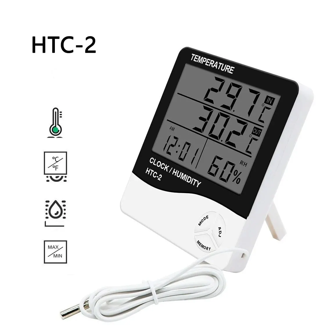 LCD Digital Temperature Humidity Meter HTC-2 Home Indoor Outdoor Hygrometer Thermometer Weather Station with Clock