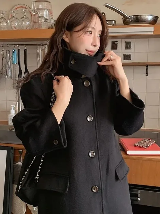 

Корейское зимнее винтажное свободное повседневное шерстяное пальто средней длины с высоким воротником и одной пуговицей, женская модная верхняя одежда