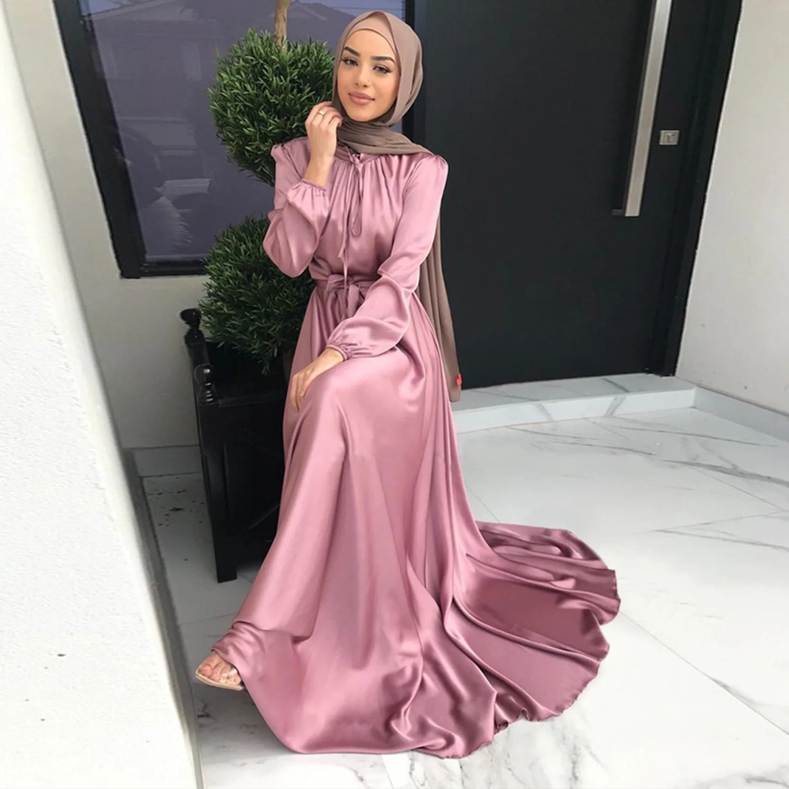 

Hijab Satin Dress Ramadan Muslim Fashion Belted Abaya Dubai Turkey Arabic African Maxi Dresses for Women Islam Clothing Robes