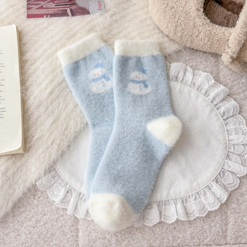 5 Pairs Women's Winter Plush Socks Cozy Thick Warm Mid-Calf Socks Kawaii Cute Cartoon Snowman Design Sleeping Home Socks Hosiery