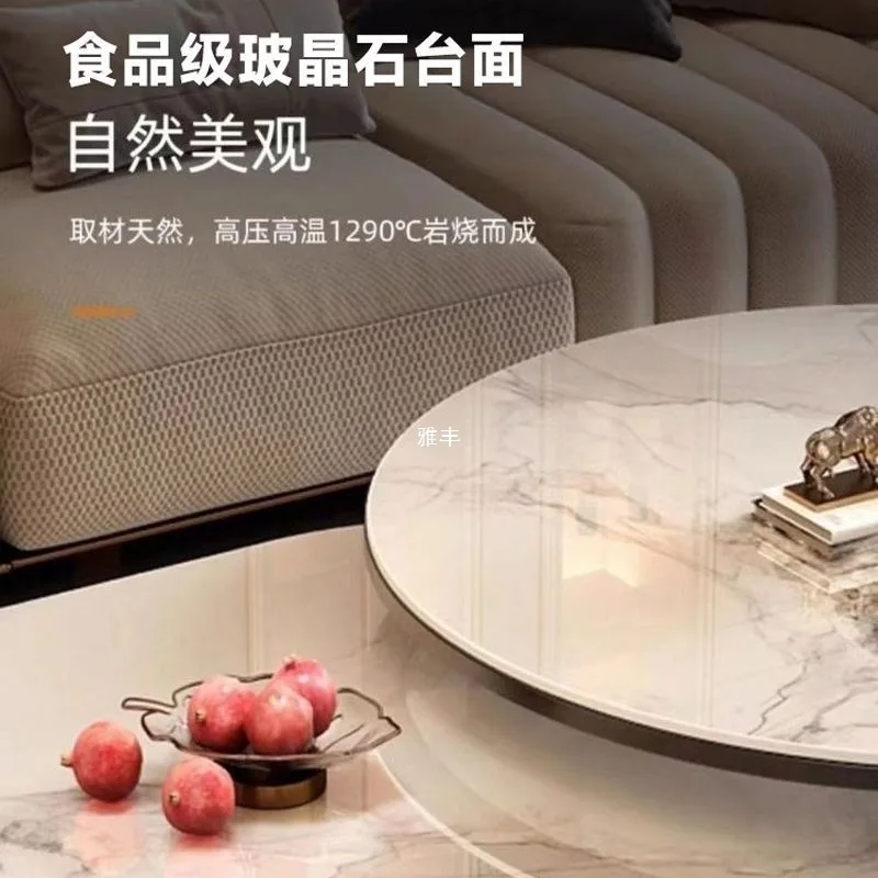 غرفة معيشة إيطالية فاخرة من الزجاج البيضاوي الخفيف، مجموعة طاولة قهوة رخامية راقية