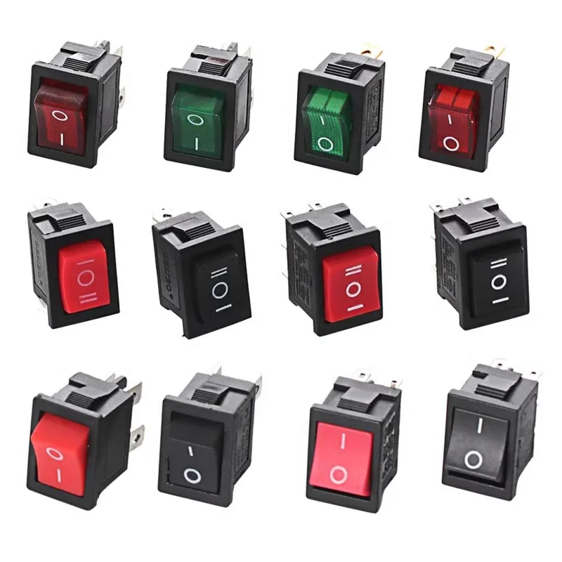 

100pcs KCD1 4Pin 2Pin 3Pin 21*15mm ON-OFF Black Boat Car Rocker Switch 6A/250V 10A/125V AC With Red Green Light Switch