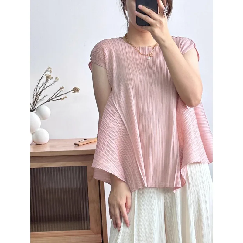 

Miyake Pleated T-shirt Solid Simple Paragraph 2025 Irregular Design Sense Top Women Summer Loose Plus Size Short-sleeved T-shirt