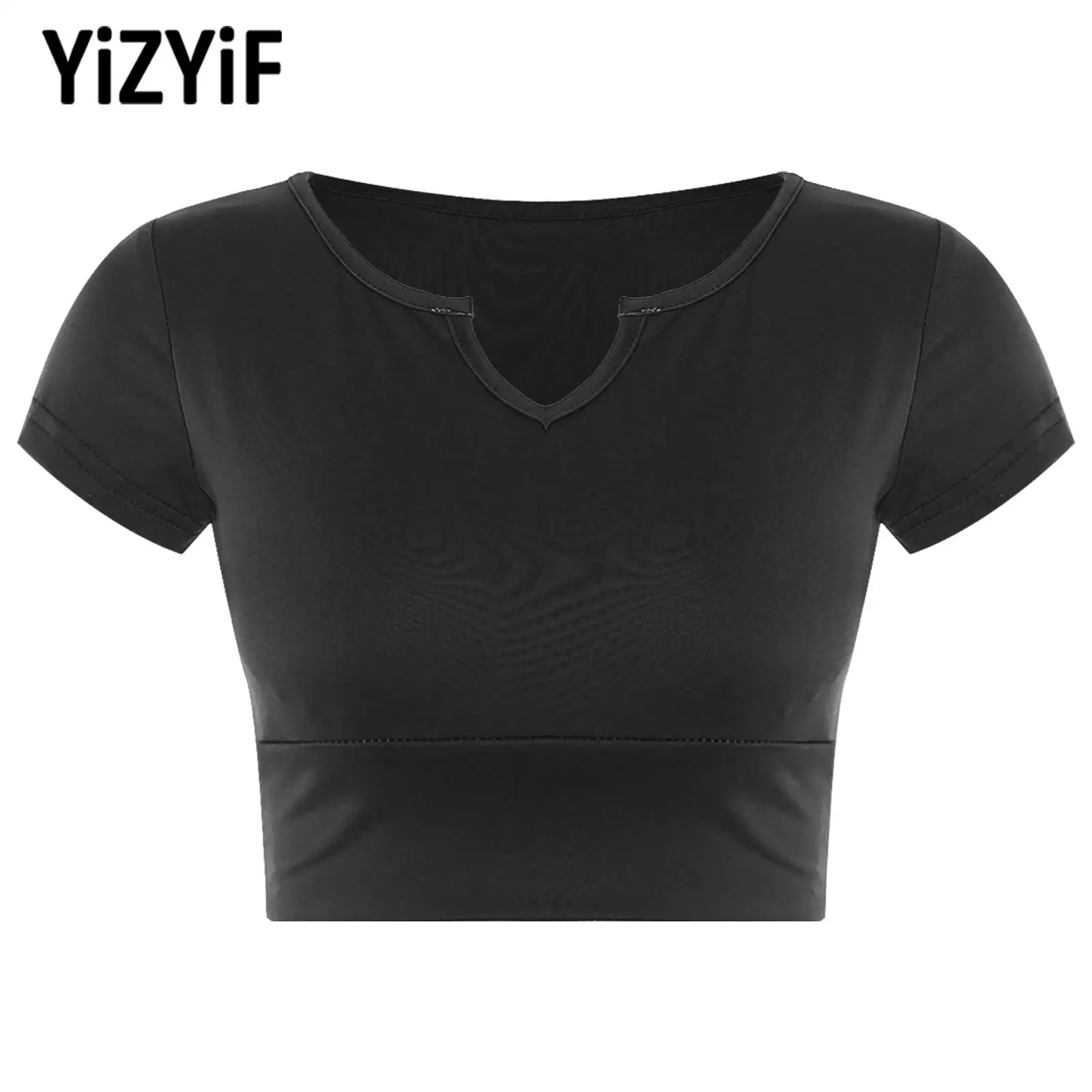 

V-Neck Short Sleeve Crop Top Women Stylish Breathable Slim Fitted Casual Tops with Chest Pads for Yoga Sports Workout Streetwear