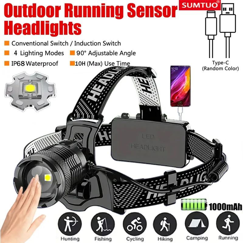 

300000 High Lumen Led Senson lamp 80w With Fluoresce lamp Flashlight Zoom Ip68 Waterproof Lamp For Camping, Hunting