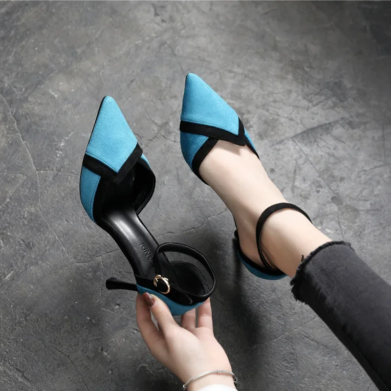 30-44 Pointed Stiletto Heels Small Size 31 32 33 Buckle Color Matching Women\'s Shoes Summer Sandals