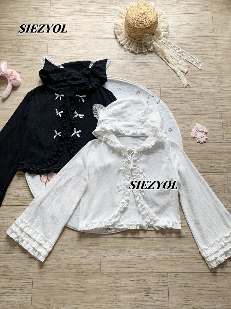 Summer New Lolita Hooded Short Sunscreen Clothes Solid Color Bow Long Sleeve Cardigan Jacket Sweet and Cute Women's Thin Tops