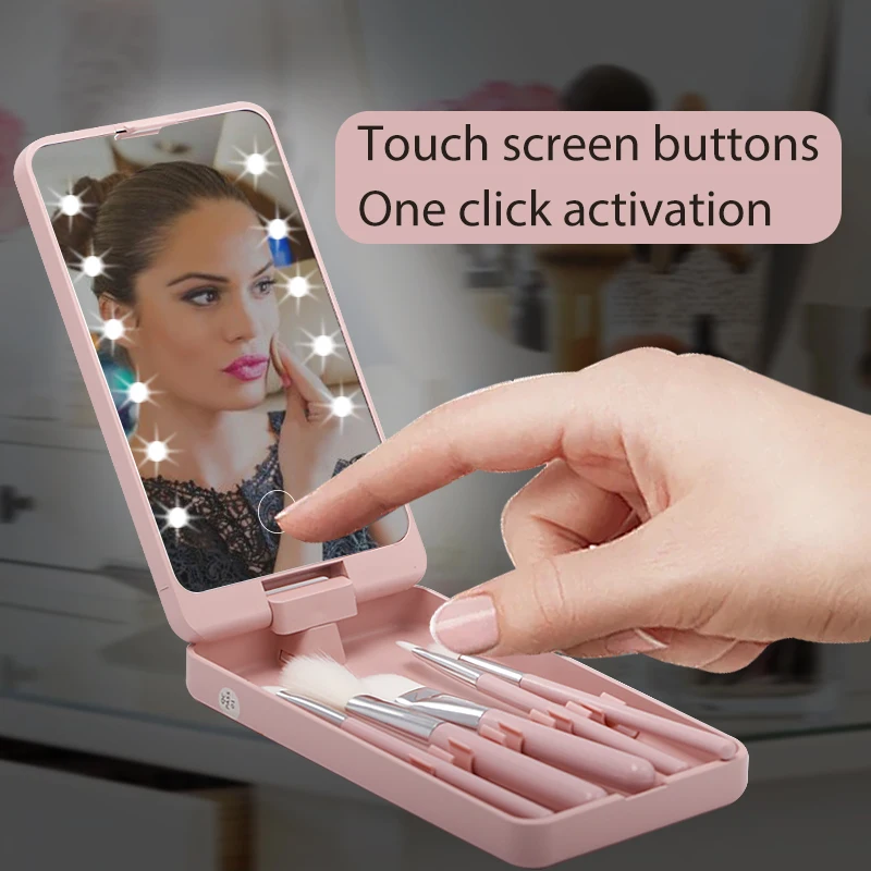 Specchio LED LightingTouch Screen portatile da toeletta pennelli per trucco pennello per ciglia per specchio per il trucco di bellezza con pennelli da 5 pezzi