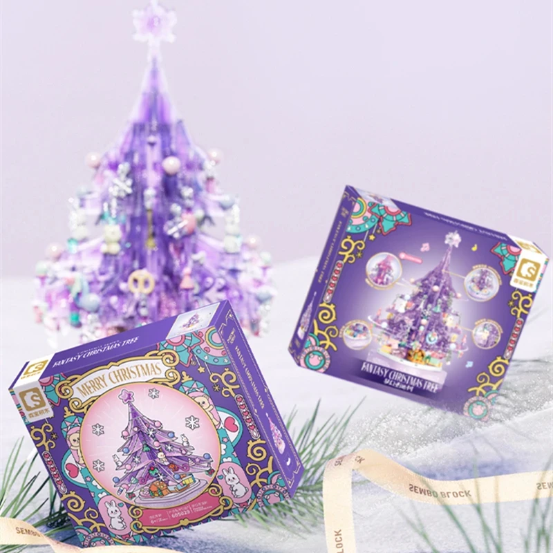 SEMBO-construcción del árbol de Navidad para niños, 729 piezas, cristal púrpura, ensamblaje de modelos, bloques de construcción, luces, caja de música, decoración del hogar, regalos para niñas, juguete