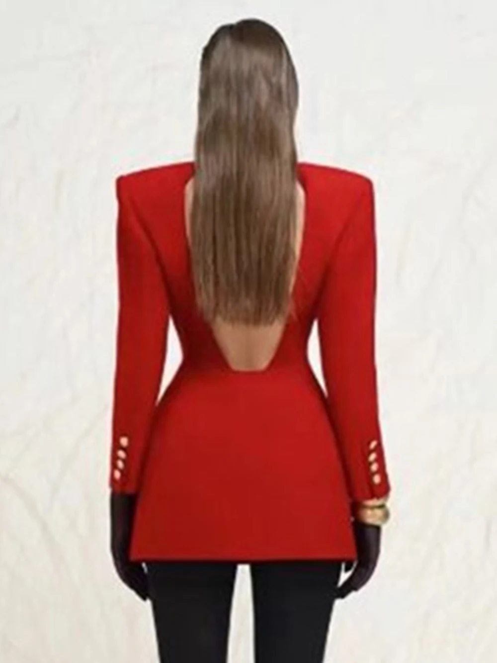 Modphy Red Sexy Deep V-Neck Backless Double Breasted Design Slim Fit Suit Mini Skirt 2024 Women'S Long Sleeved Fashion