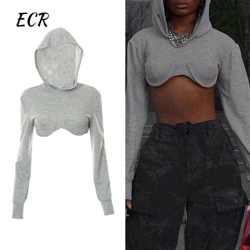 

ECR Sexy Solid Short Sweatshirt For Women Hooded Long Sleeve Minimalist Slimming Sweatshirts Female Clothing Fashion Style New