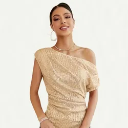 Trendy Solid Color Shiny Sequin T-shirt Women Folds Slant Collar Off Shoulder T-shirts Top Streetwear Summer Lady Tees Hot Style