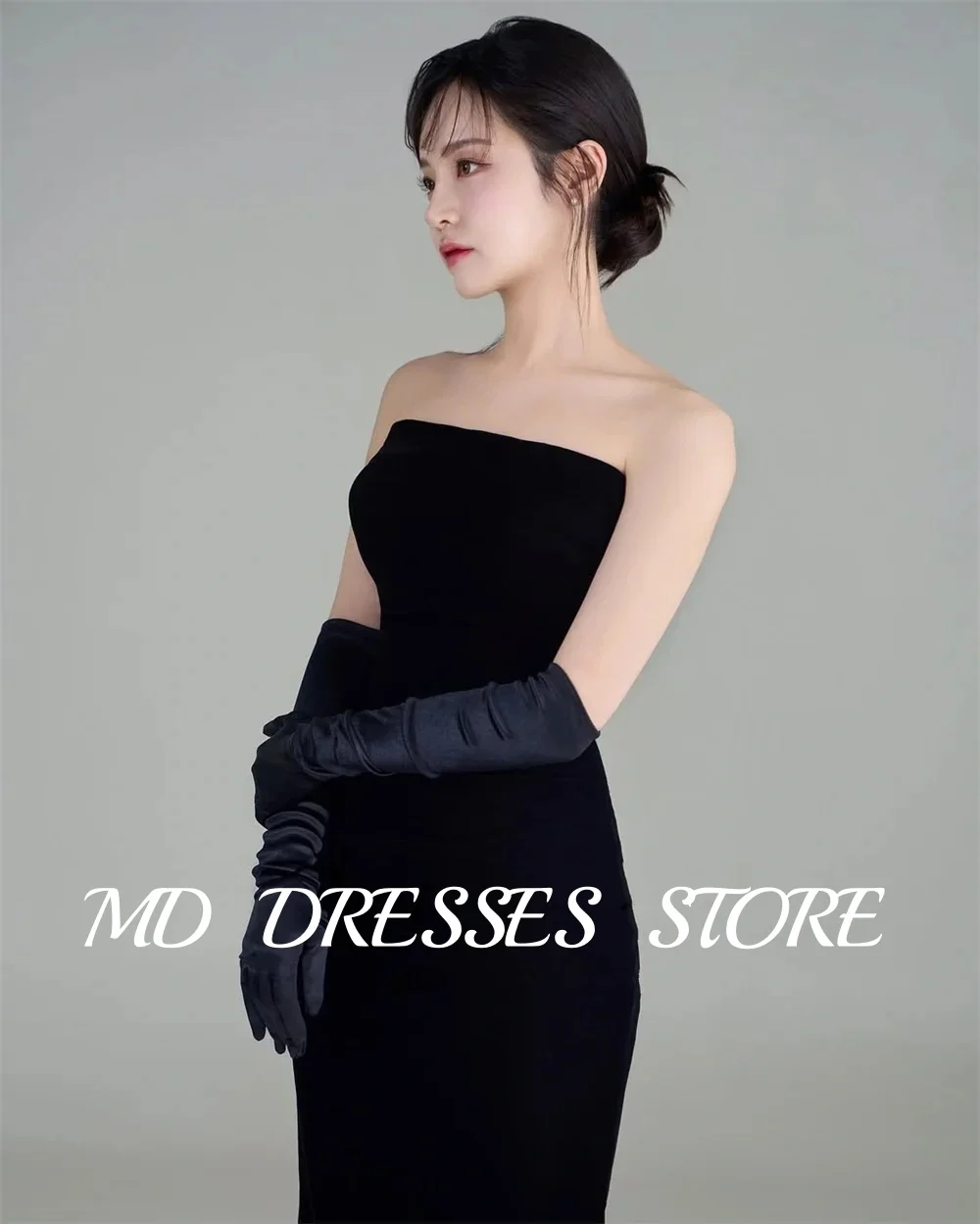 MD Black Mermaid Wedding Dresses Strapless Tulle Train Bride Gowns Pleat Korea Photoshoot Tiered with Gloves Customized 2025
