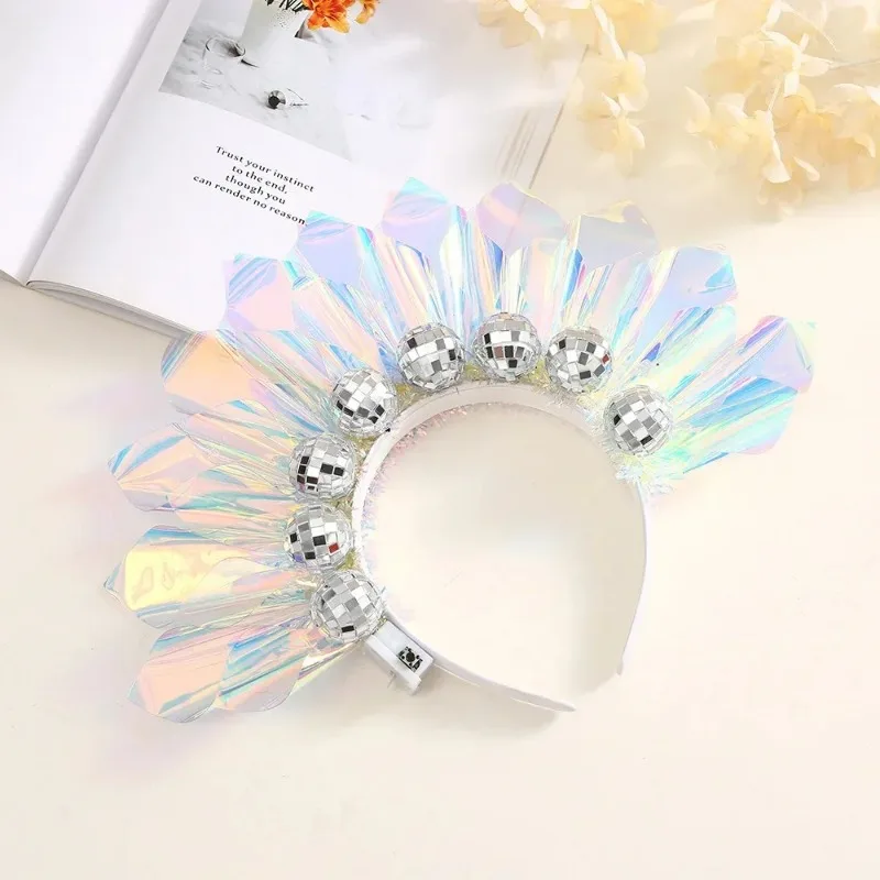 LED Glowing Disco Ball Laser Headand Light Up Crown Tiara Headbands for Women Girl Nightclub Party Festival Halloween Supplies