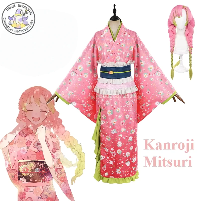 

Kanroji Mitsuri Cosplay Anime Popular Costume For Women Pink Kimono Dress Outfits Halloween Carnival Party Disguise Suits