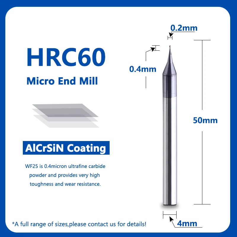 1PC Концевая микро-фреза HRC60, 2 канавки, 0,2-0,9 мм HRC60 Micro Square End Mill 2 флейты 0,2-0,9 мм TiAIN Micro Flat 4 мм хвостовик фреза Mirco