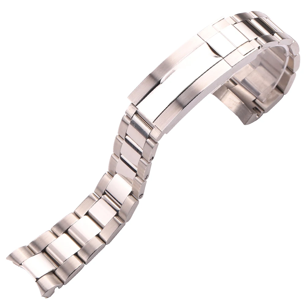 20mm 316L Stainless Steel Watchbands Bracelet Silver Brushed Metal Curved End Replacement Link Deployment Clasp Watch Strap - Image 6