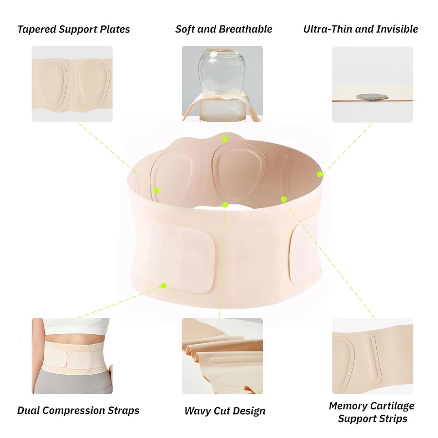 دعامة ظهر نسائية، حزام دعم رفيع للخصر السفلي، لفافة ضغط تحت الملابس، دعم قطني قابل للتعديل، خفيف الوزن