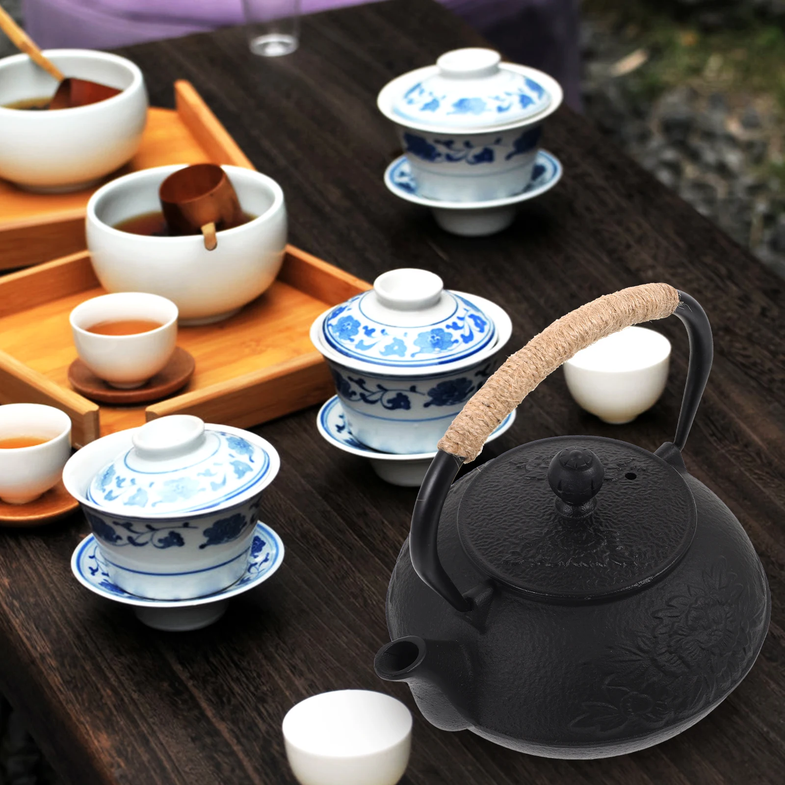 

Durable Safe Portable Lightweight Cast Iron Teapot 09l Black Peony Hot Beverage Maker Artistic Design Tea Coffee Soup Kettle