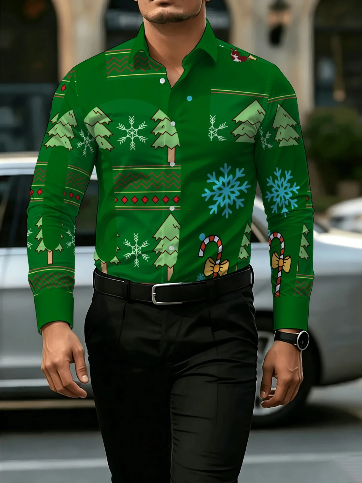 2026 New Men Long Sleeve Shirt Christmas Tree Snowflake Print Casual Holiday Party Autumn Winter Fashion Men's Clothing