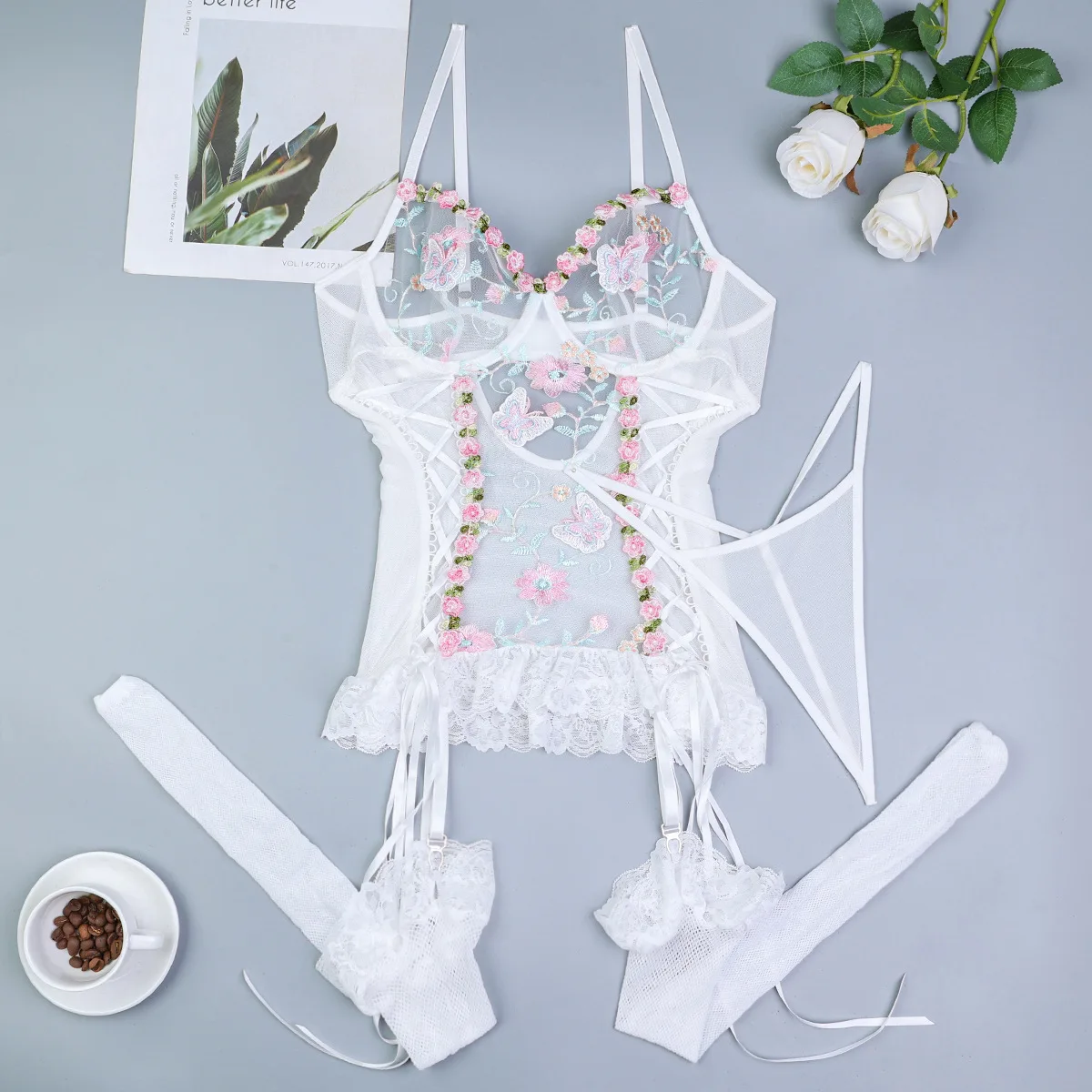 

Sexy Erotic Set Women Flower Embroidery Lingerie See Through Mesh Pornos Suit Hollow Out Underwear Sexy Costumes