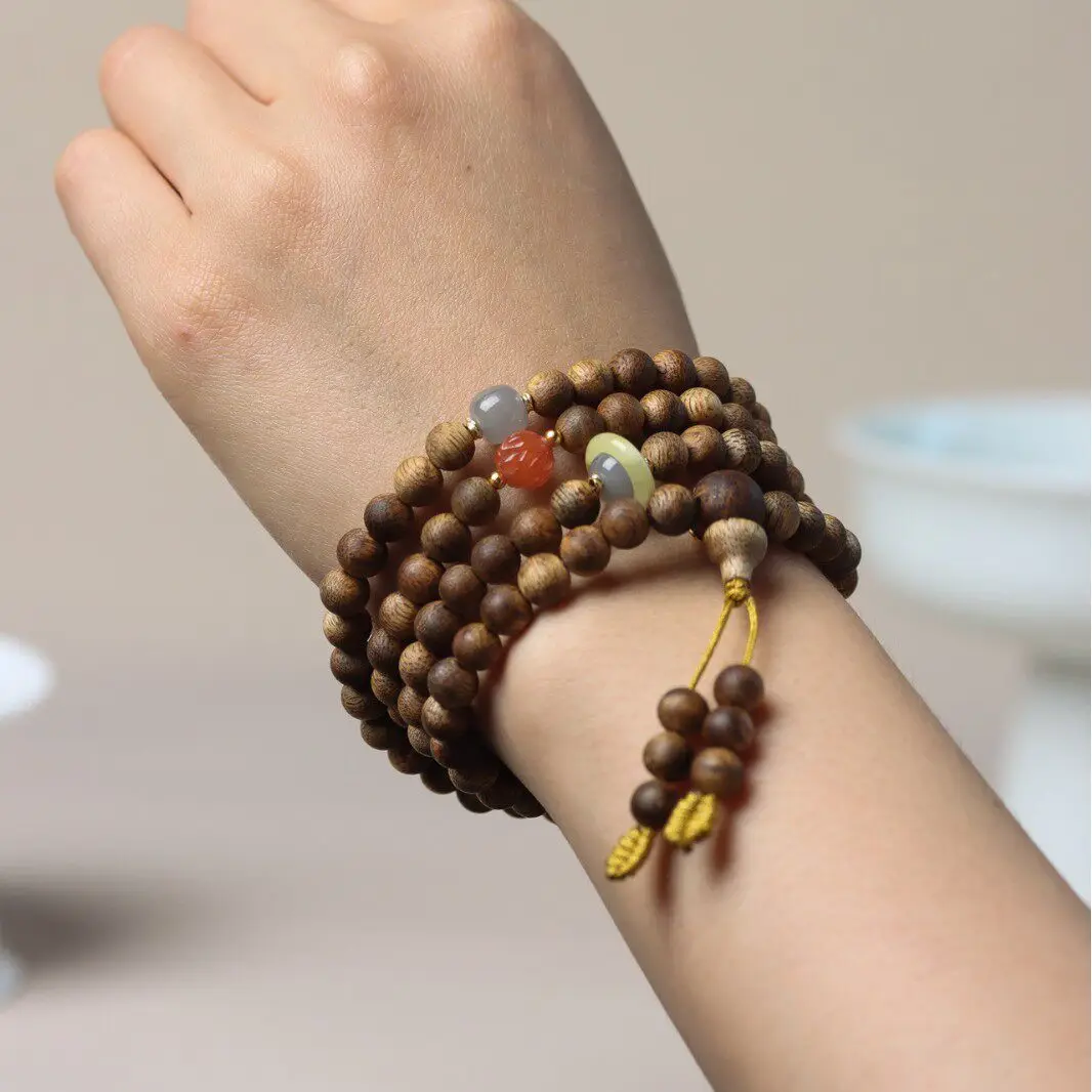 108 Beads Multi Loop Agarwood Bracelet Inlaid with Five Sutras Wooden Prayer Beads for Men and Women Gifts