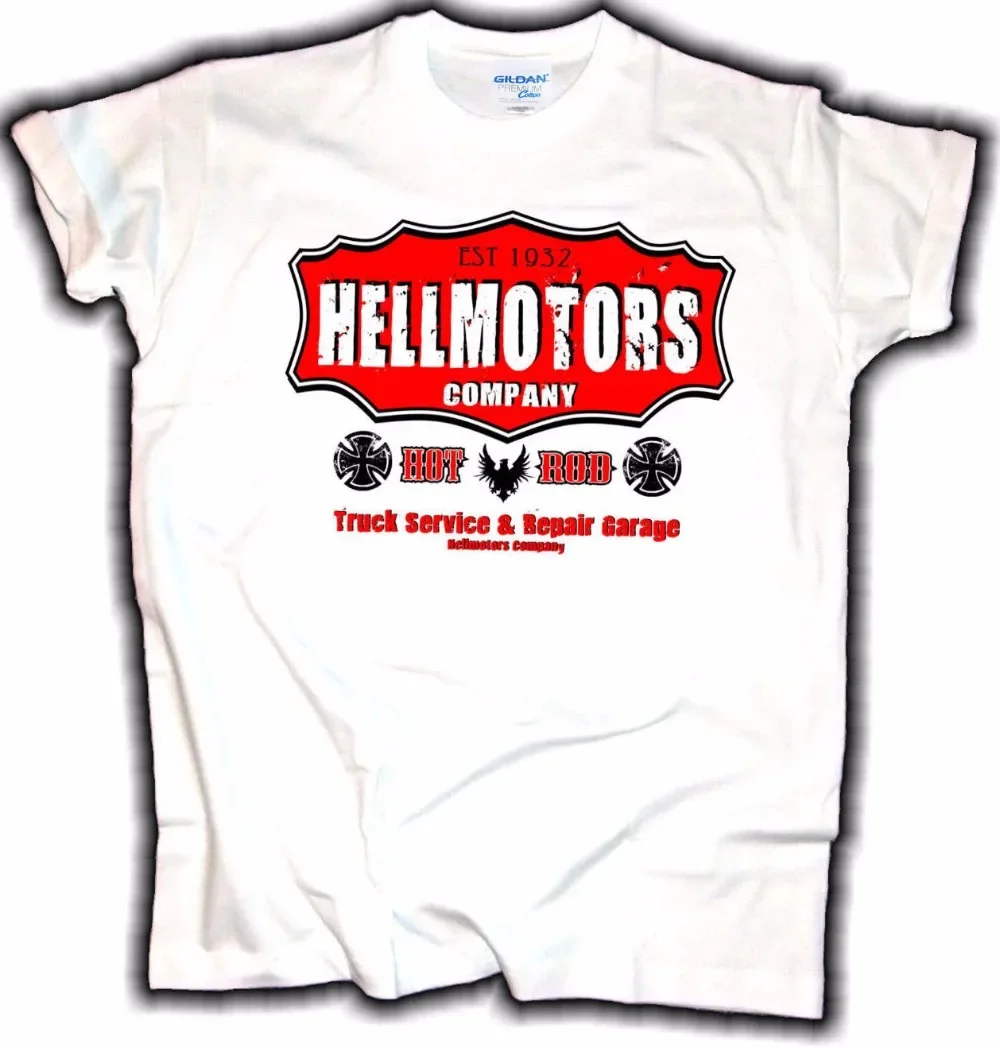 New Fashion T Shirt Men Tops Cool O Neck T-Shirt Oldschool Hotrod Hellmotors Company Weiss Us Car V8 Vintage Rockabilly Classic