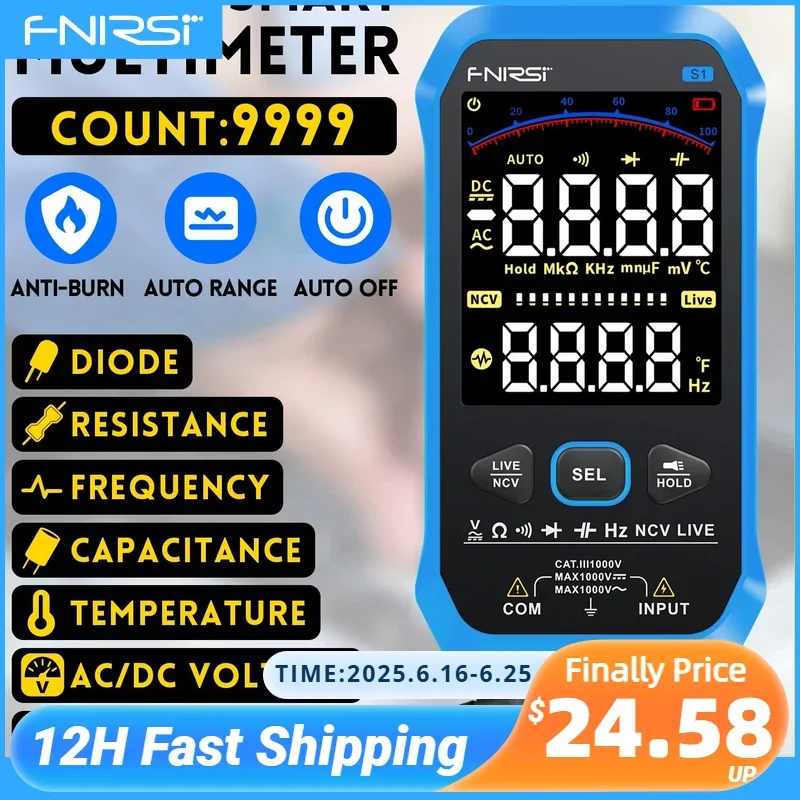

FNIRSI-S1 Digital Multimeter 9999counts AC DC Voltage Resistance Capacitance Diode NCV Hertz Live Wire Tester With Thermocouple