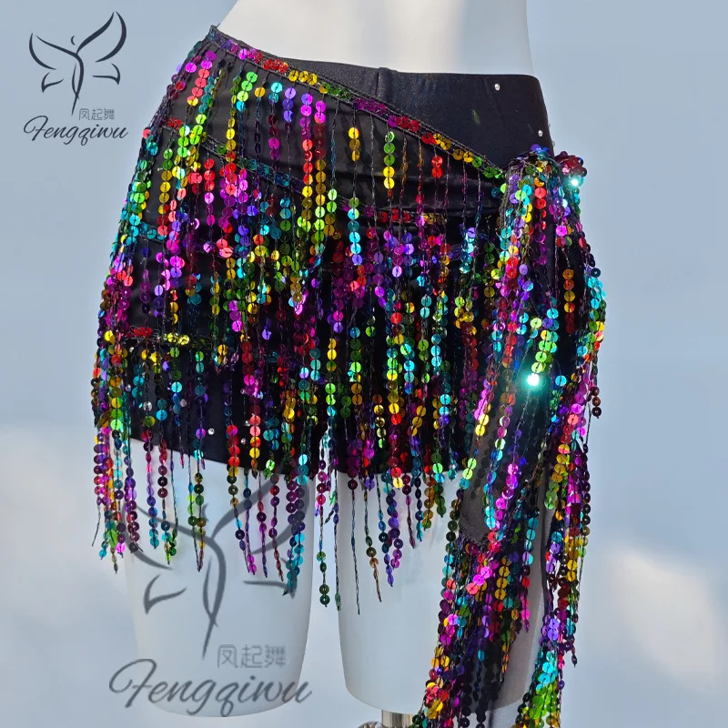 Enlarged four-layer belly dance sequin tassel square drum jazz dance butt curtain hip scarf strap skirt practice waist chain view 3