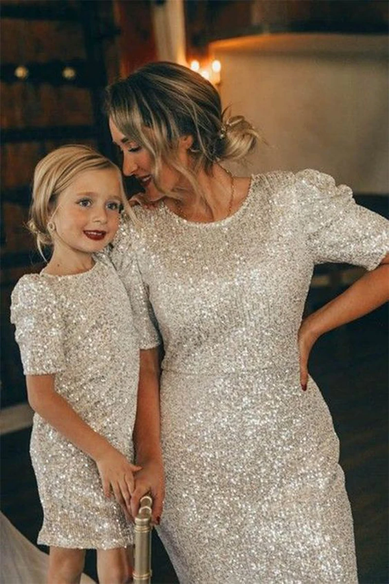 Sparkling Sequins Mother Daughter Party Dress Ankle Mommy and Me Birthday Wedding Nuptials Dress Zipper Back Photoshoot Gown