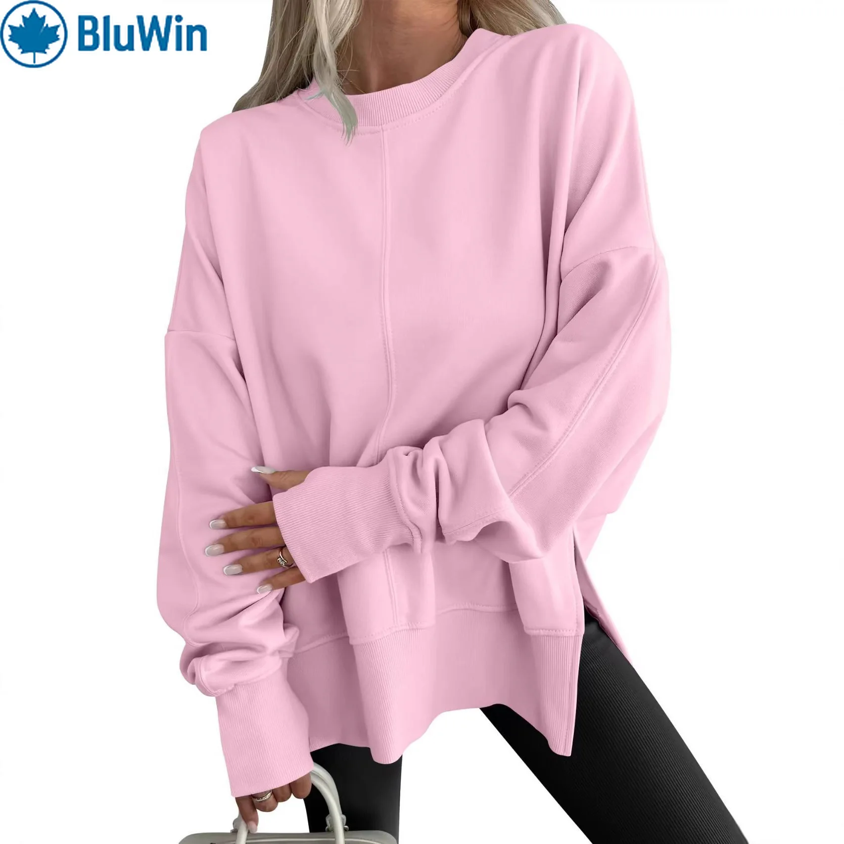 

URBANCHIC 12Colors Oversized Fleece Sweatshirt Women Round Neck Batwing Sleeve Side Split Patchwork Loose Fit Warm Winter Top