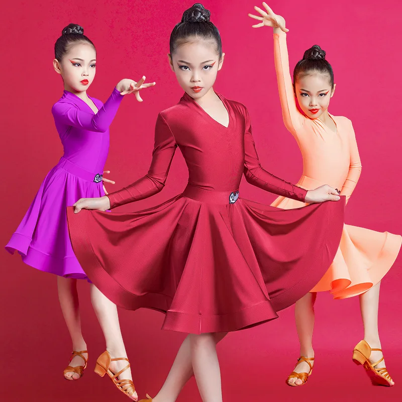 Children Professional Dance Outfits Elegant Long Sleeve Latin American Dance Dress Girls Practice Skirt Dancewear Stage Costume