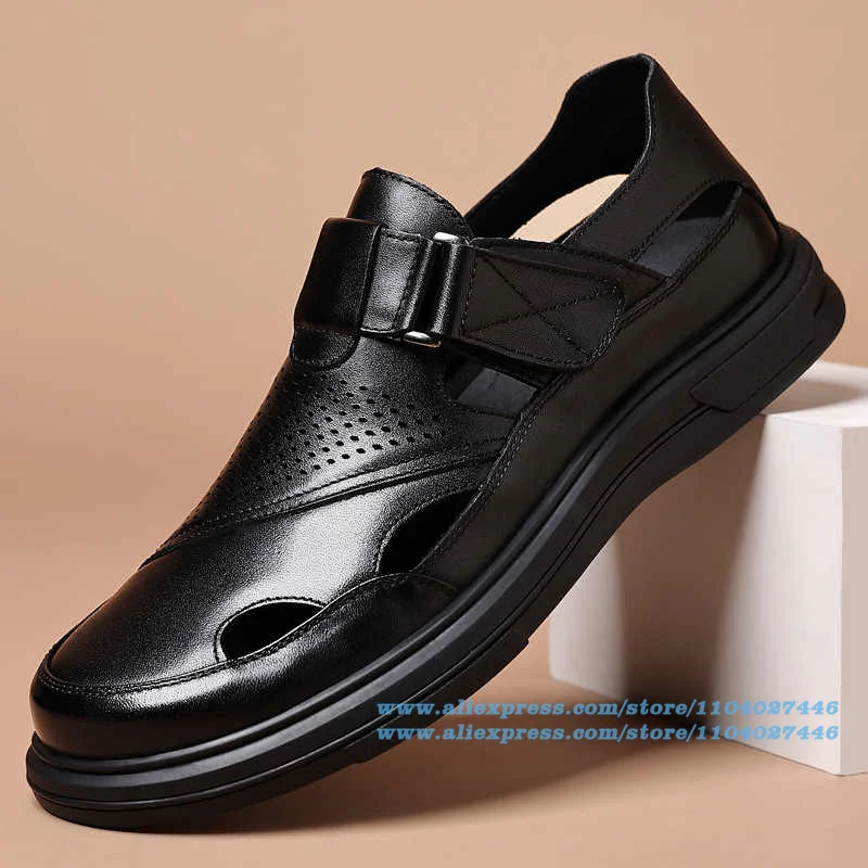 

Black/brown Leather Men's Sandals Buckle Strap Round Toe Wear-Resistant Breathable Solid Trendy Luxury Handmade Men's Shoes