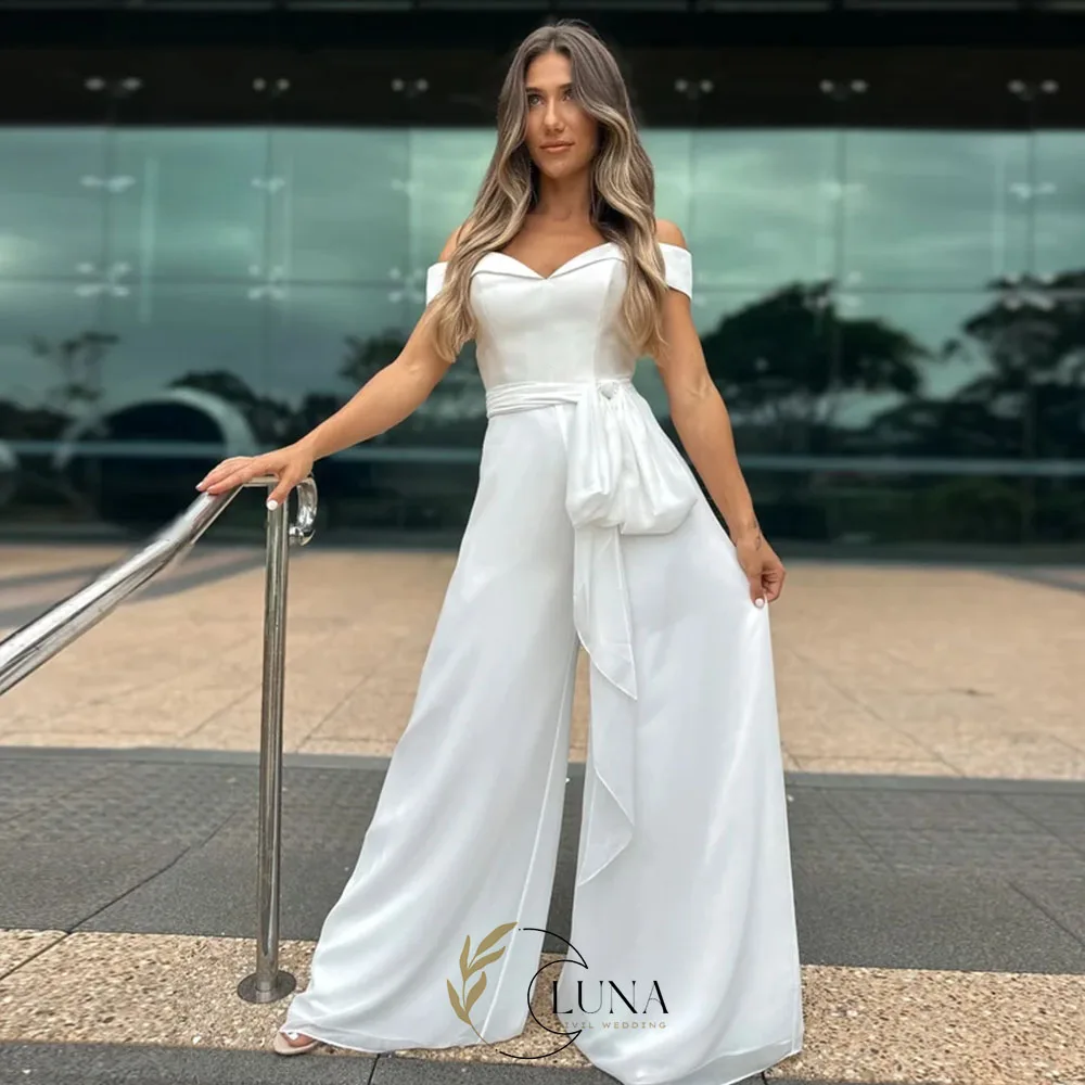 Luna Customized Women Off the Shoulder Jumpsuit High Waist Wide Leg Bridal Formal Gown for Wedding Party Occasion