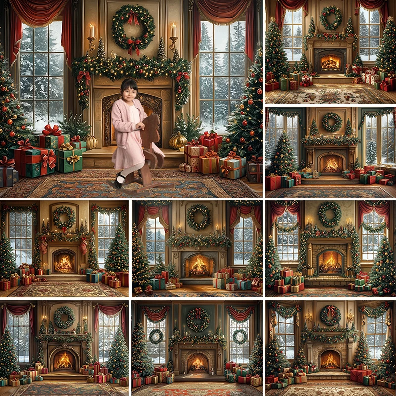 

LS Cozy Christmas Fireplace Backdrops Kids Family Photography Child Baby Photocall Decors Wreath Red Curtains Backgrounds