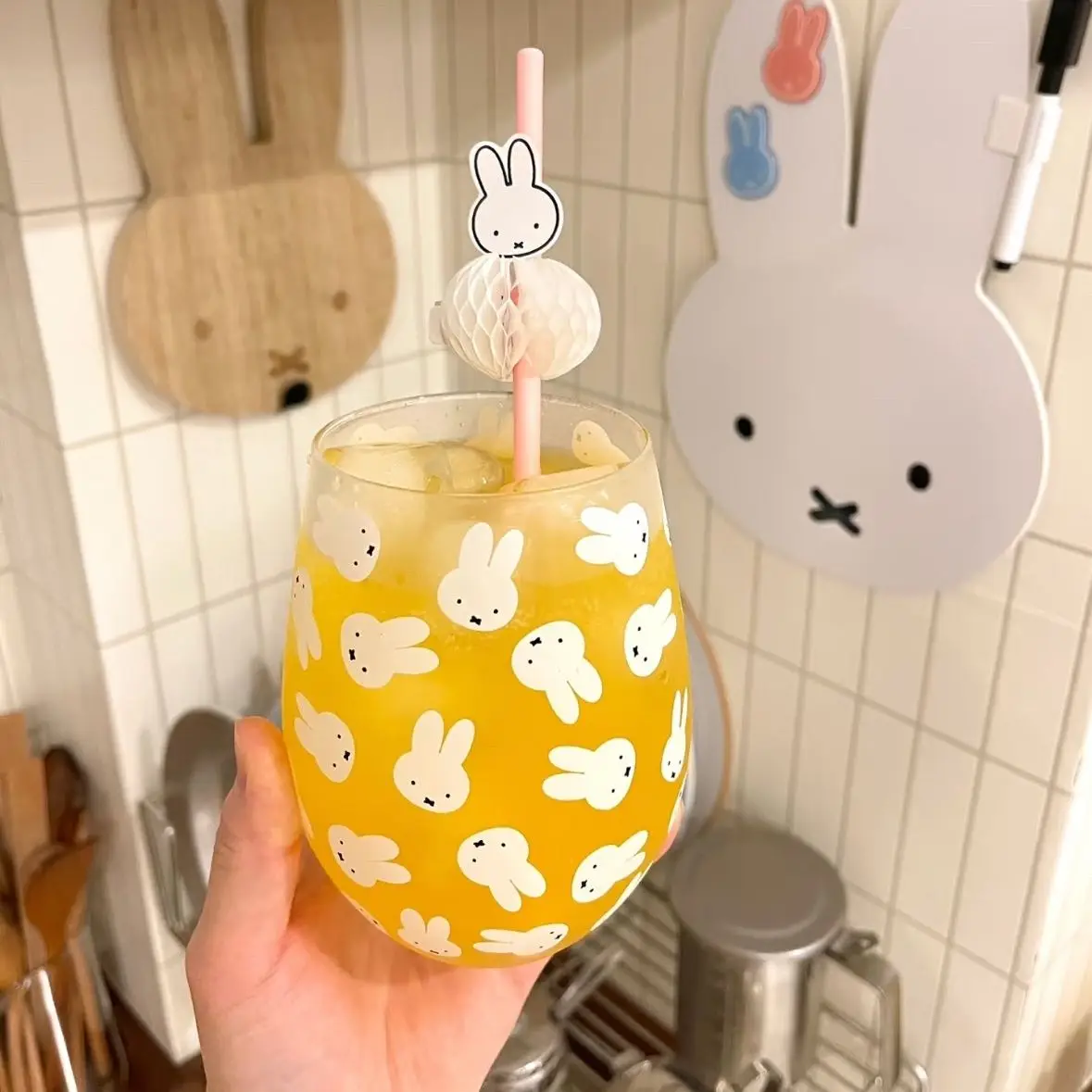 

New Kawaii Anime Cute Miffy Rabbit Printed Glass Cup Cartoon Big Belly Cup Tea Fruit Juice Cup Gift for Best Friends Gifts Toys