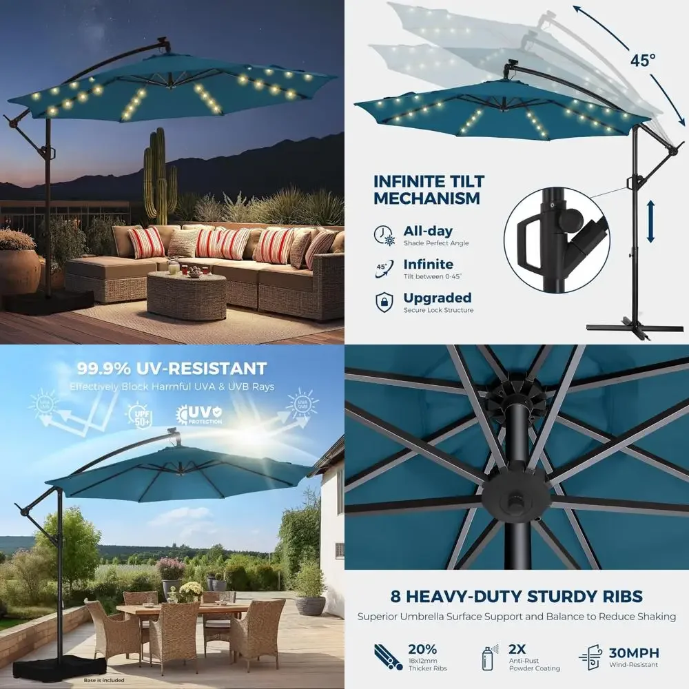10 Feet Solar-Powered LED Lighted Offset Cantilever Patio Umbrella with Base for Outdoor Market Use