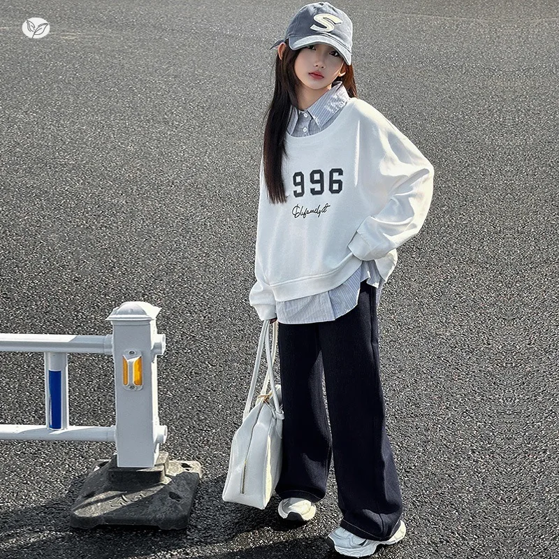 

Autumn Children Girl Outfit Kids Girl Letter Printed Fake Two-piece Sweatshirt 5-14Y Girl Striaght Leg Jean School Girl 2pcs Set