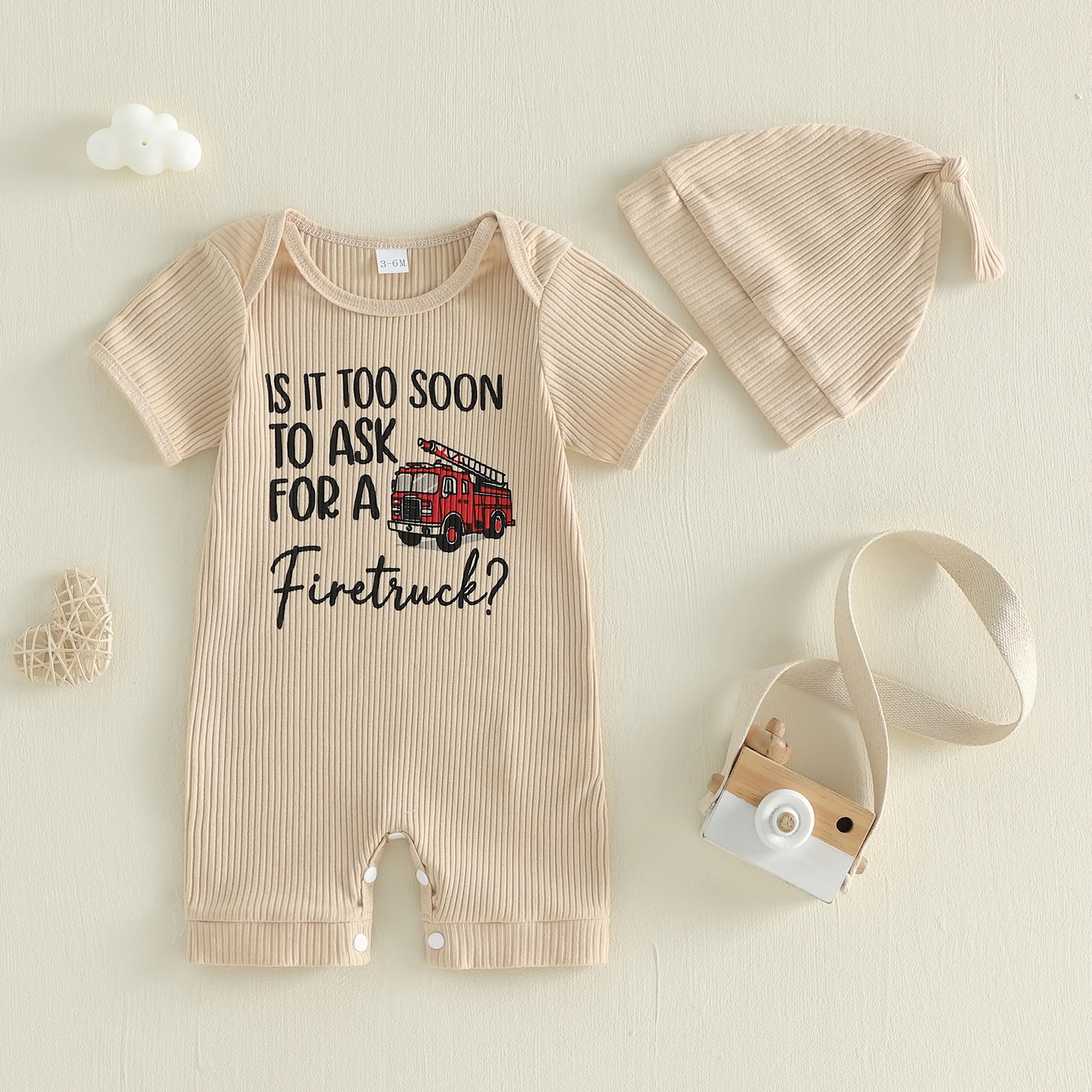 

Baby Boy Summer Jumpsuit Short Sleeve Round Neck Letter Fire Truck Print Romper with Hat