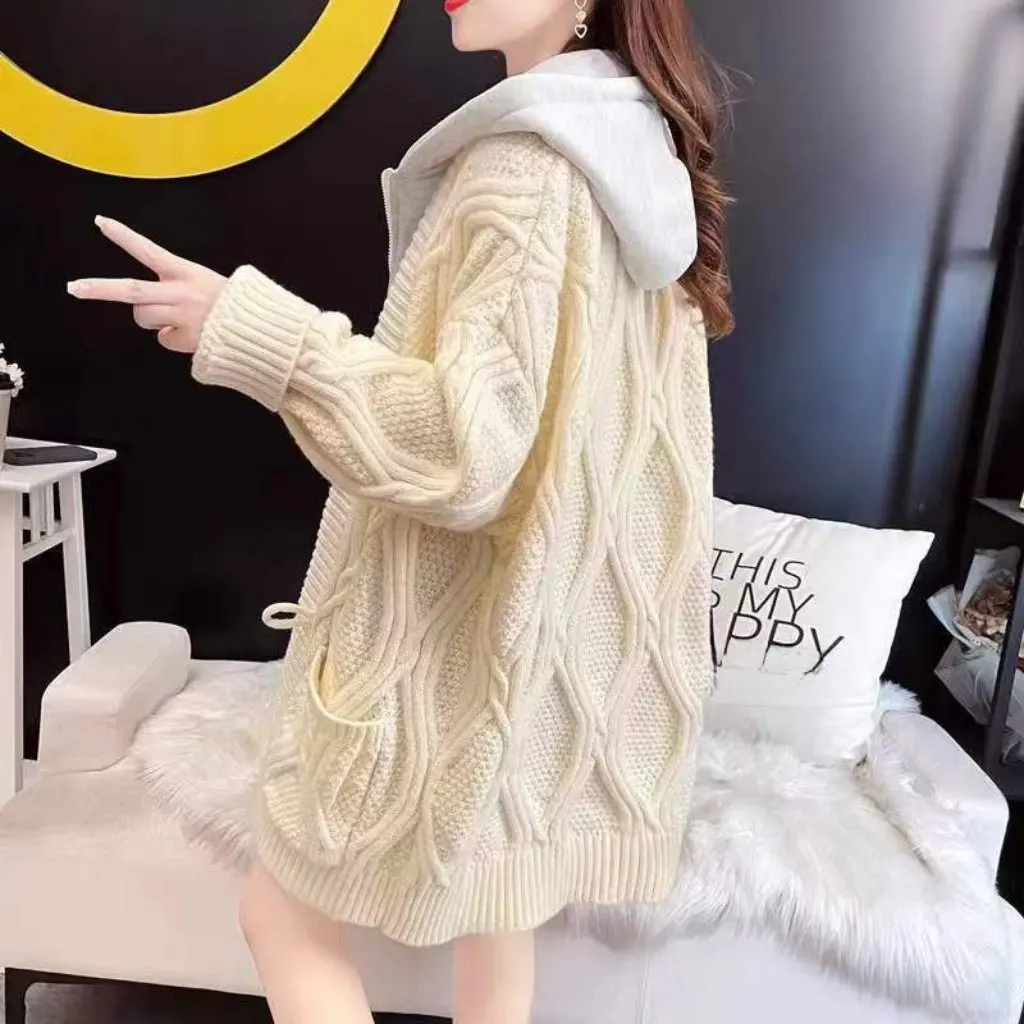 

Women's Hooded Fake Two-Piece Cardigan Mid-Length Loose Lazy plus Size Sweater Coat for Autumn Winter Outer Wear