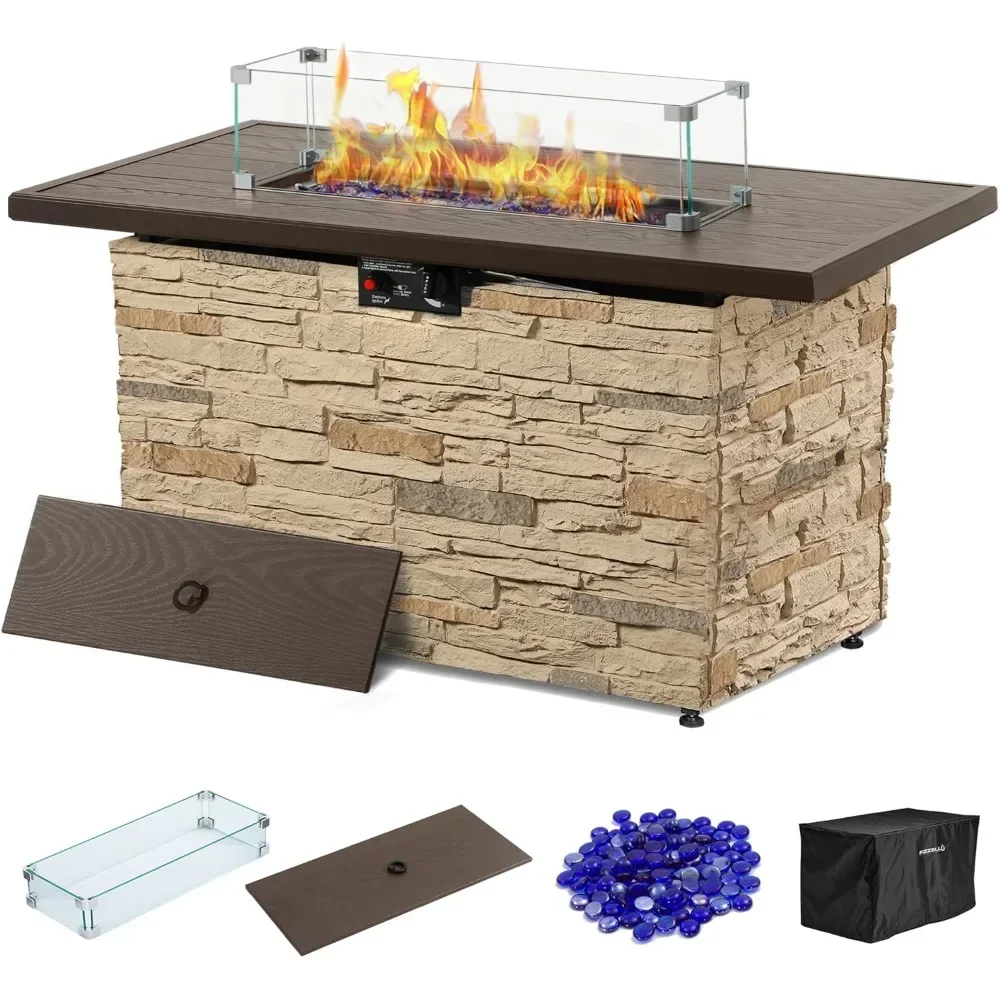 

43" Propane Fire Pit Table Outdoor Stone Firepit Table Rectangular 50000 BTU Propane Fire Tables for Outside Patio