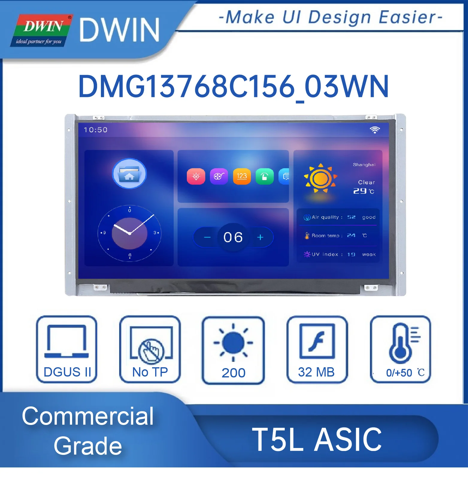 15.6-inch, 1366*768 Pixels Resolution, 262K Colors, TN-TFT-LCD, Normal Viewing Angle TTL/RS232 DMG13768C156_03W