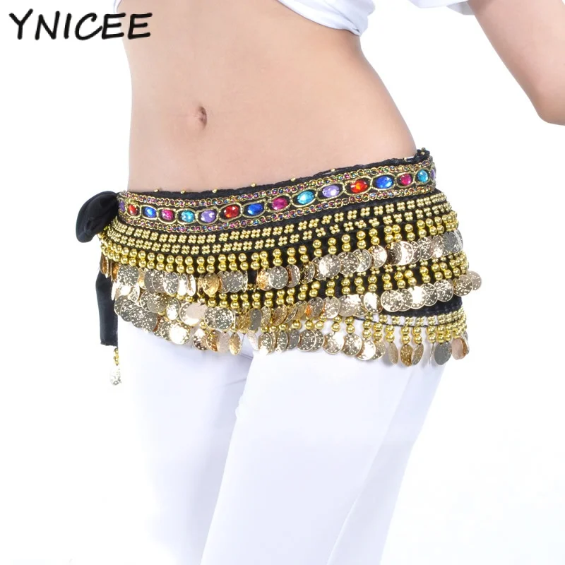 Adult Bling Coin Belly Dance Hip Scarf Glitter Beaded Wrap Belt Skirt Bellydance Lesson Wear Costume India Oriental Dancewear